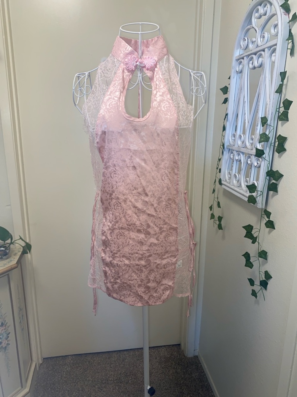 Pink Lace Halter Chemise with Floral Accents